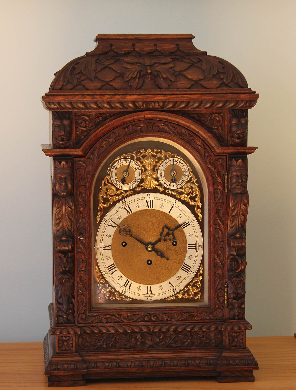 German Carved Oak Triple Fusee Bracket Clock 9 Gongs